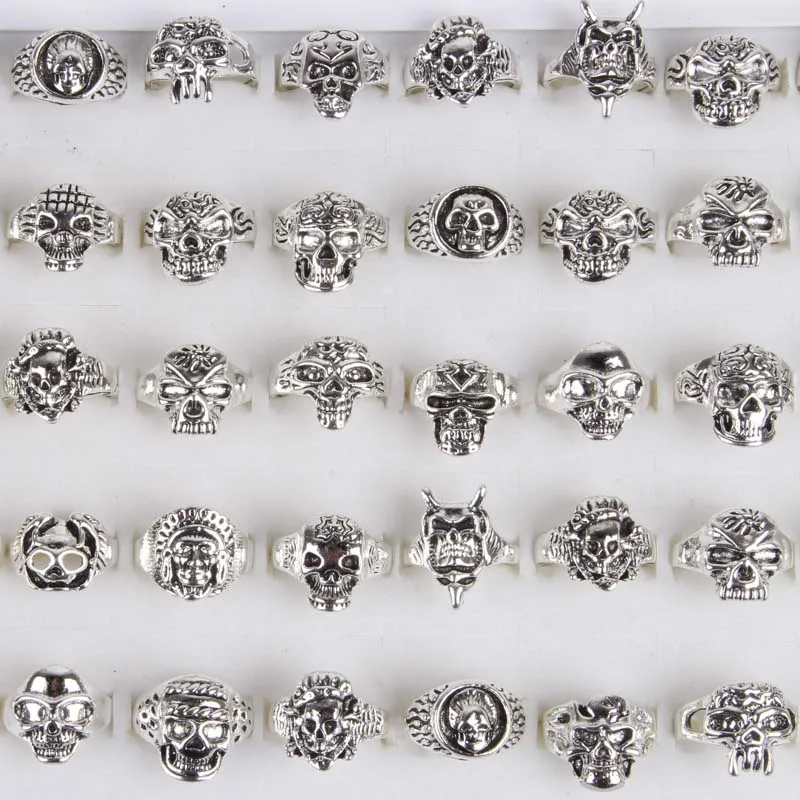 wholesale mixed lot Silver color 25pcs/pack punk skull metal alloy skeleton jewelry rings