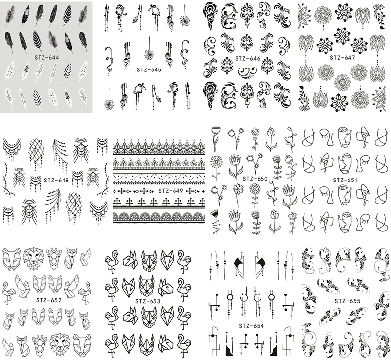 40 шт. наклейки для ногтей Черный с изображением цветов, Переводные наклейка кружева Ловец снов дизайн ногтей слайдер для ногтей украшения CHSTZ608-658