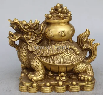 

9" China Bronze Wealth Yuanbao Money Dragon Turtle tortoise Treasure Bowl Statue