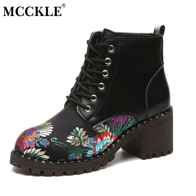 

MCCKLE Women's Flower Embroidery Martin Boots Ladies Leather Thick Heel Lace Up Ankle Boots Female Autumn Style Black Shoes