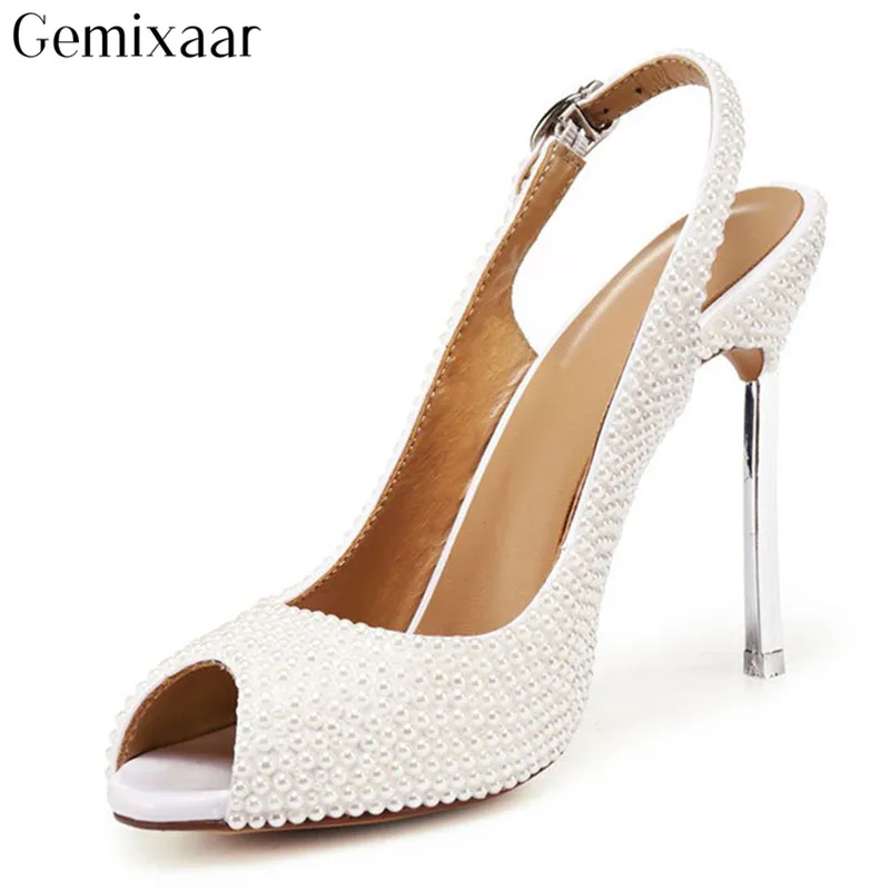 

Wedding Sandals Women Shoes Peep Toe Decor White Pearls Sandales Elegant Slim Shallow Narrow Buckle High Gladiator Sandals 41