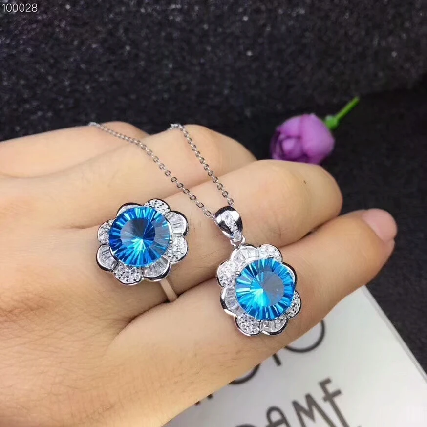 

MeiBaPJ Natural Switzerland Blue Topaz Jewelry Set 925 Pure Silver Ring Pendant Necklace 2 Suits Fine Wedding Jewelry for Women