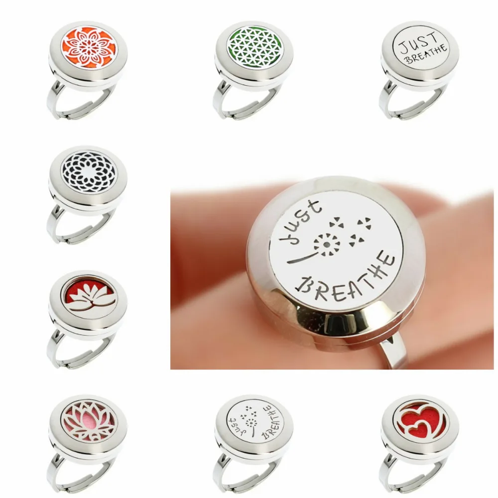 

20mm Adjustable Diffuser Locket Ring Just Breathe 316L Stainless Steel Essential Oil Perfume Locket Ring Women 10pcs Pads Gifts