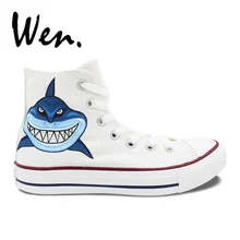 Вэнь дизайн на заказ ручная роспись обувь темно-синий Акула мужские женские белые высокие парусиновые кроссовки