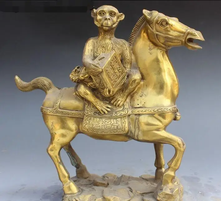 

10" China Bronze Feng shui Monkey King Hold Seal Ride Horse Success Animal Statue