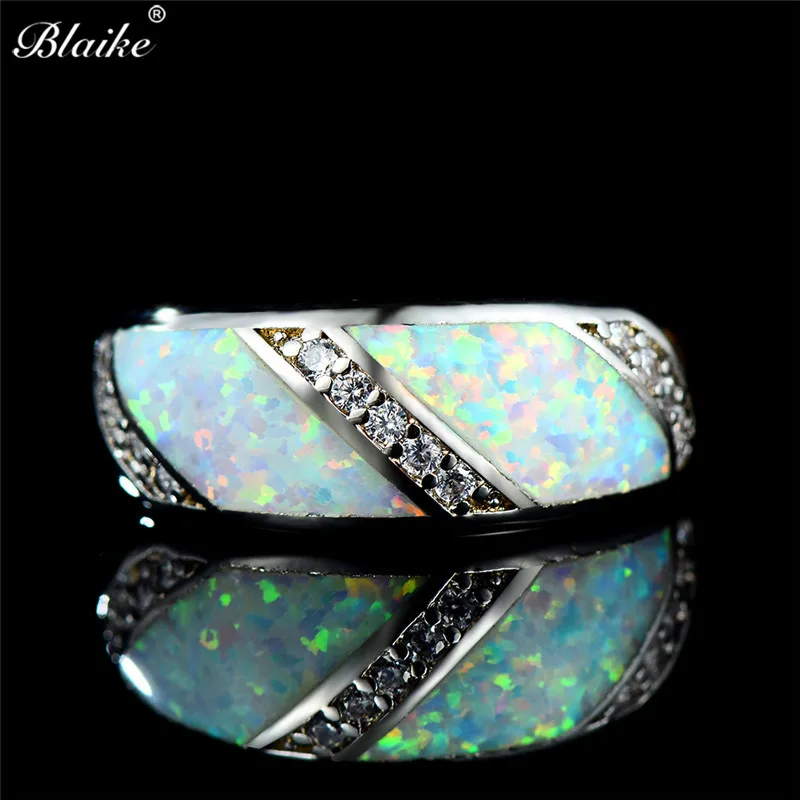 

Blaike Fashion 925 Sterling Silver Filled Blue/White Fire Opal Rings For Women Wedding Bride Promise Love ring Jewelry Gifts