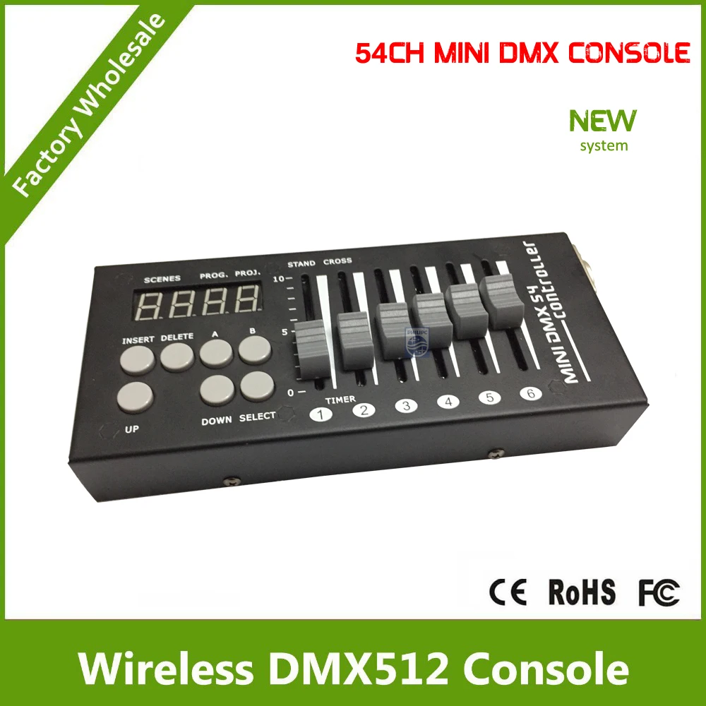 DHL Free Shipping 54CH DMX console 12V DC powered with 9 programs, 6 faders by 9 pages, can control any DMX 512 stage lighting