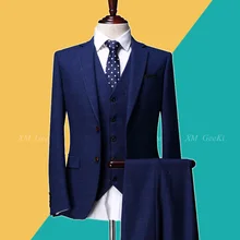 Высокое качество синий клетчатый костюм мужской костюм жениха комплект мужской Весенний костюм из 3 предметов для свадьбы(пиджак/жилет/брюки
