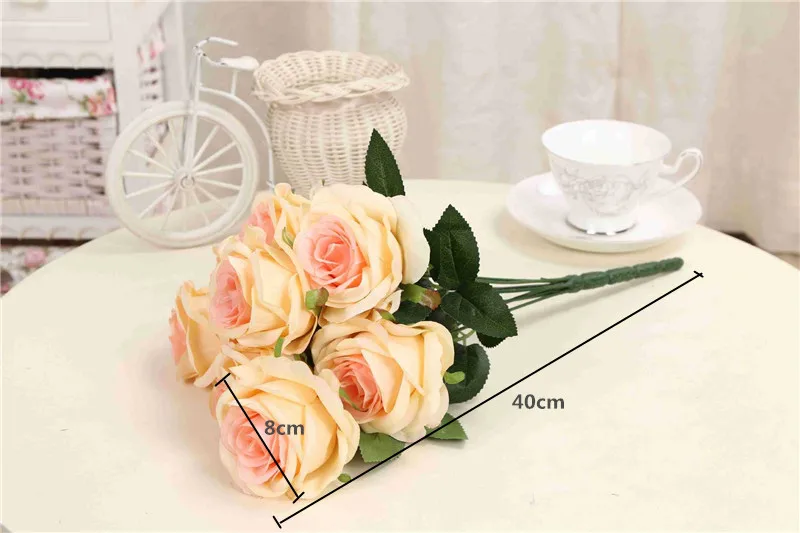 Flone 9 Heads Artificial French Style Rose Flowers Fake Silk Flower Simulation Bouquet Wedding Party Home Decoration Floral Art (9)