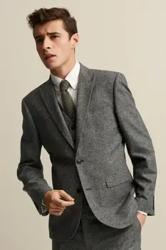 Skup 2017 Najnowszy Garnitur Fasony Spodni Zima Palenia Szary Tweed Mężczyźni Garnitur Slim Fit 3 Sztuka Groom Garnitury ślubne Smoking Marynarka Na Zamówienie Terno