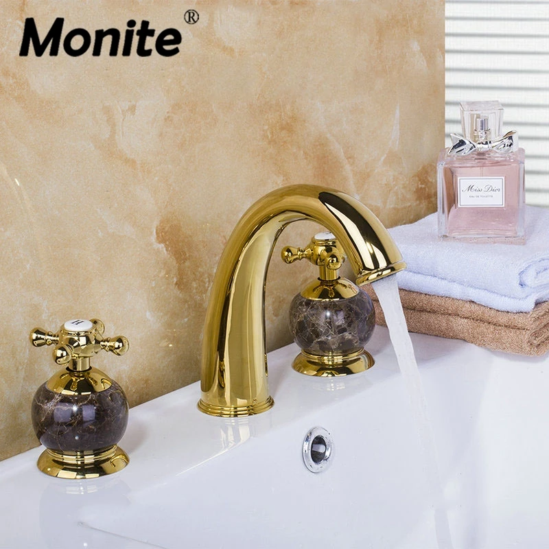 

Gold Polish 3PCS Set Bathtub Golden Plated Bathroom Faucet European Split Basin Mixer Tap Jade Faucet Body Cross Handles