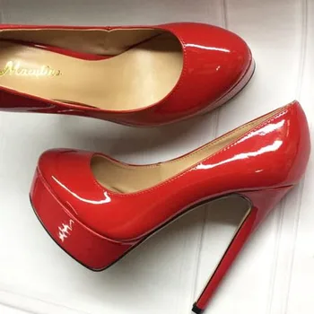 

Macytino Red Patent Leather Platform Pumps 14CM Women Party Dress Shoes Round Toe