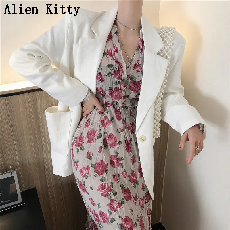 

Alien Kitty White Elegant Autumn Spring Casual V-Neck Solid Simple Women Single Button Female Office Lady Long Sleeve Blazer