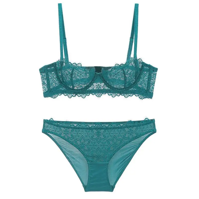

US $9.9 Eyelash Lace Transparent Bra and Panties Set 1/2 Cup Underwear Women Unlined Underwire Summer Sexy Lingerie B C D Cup