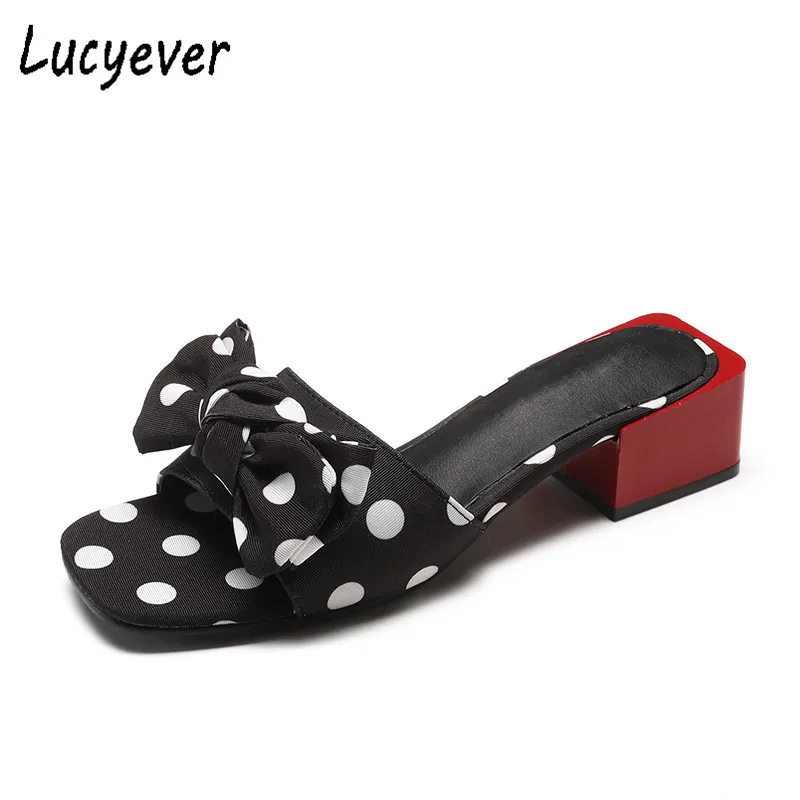Lucyever 2018 Summer Sweet Polka Dot Bowtie Women Slippers Open Toe Chunky Heels Ladies Slides Comfortable Med Heel Sandals