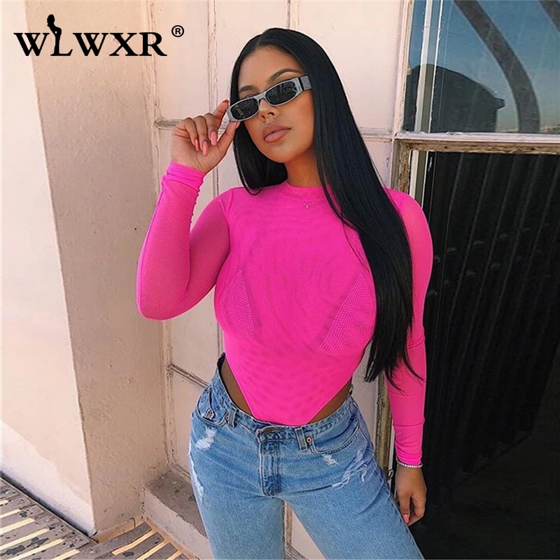 

WLWXR Long Sleeve Sexy Bodysuit Women Tops See Through Solid Pink Bodycon Mesh Bodysuit Female Summer Jumpsuit Women Romper 2019