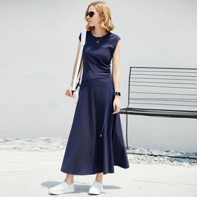 

Amii Women Minimalist Summer Dress 2018 Solid A Line Drawstring Sleeveless Ankle Length Female Dresses