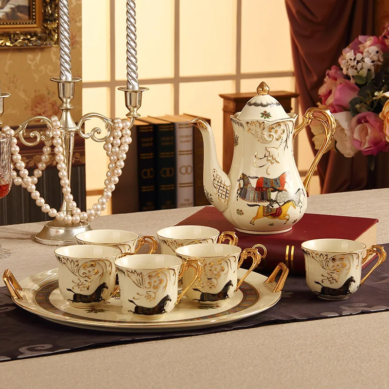 

Coffee Set(4 peoples) Bone China Porcelain Tea Set Ceramic Pot Creamer Sugar Bowl Teatime Teapot Coffee Cup Mug with big tray