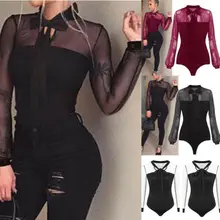 New Summer Bodysuit Women Sexy Bow Black Mock Neck Patchwork Long Sleeve Back Ladies Lace Mesh Bodysuit Transparent Tops mock neck square cutout bodysuit