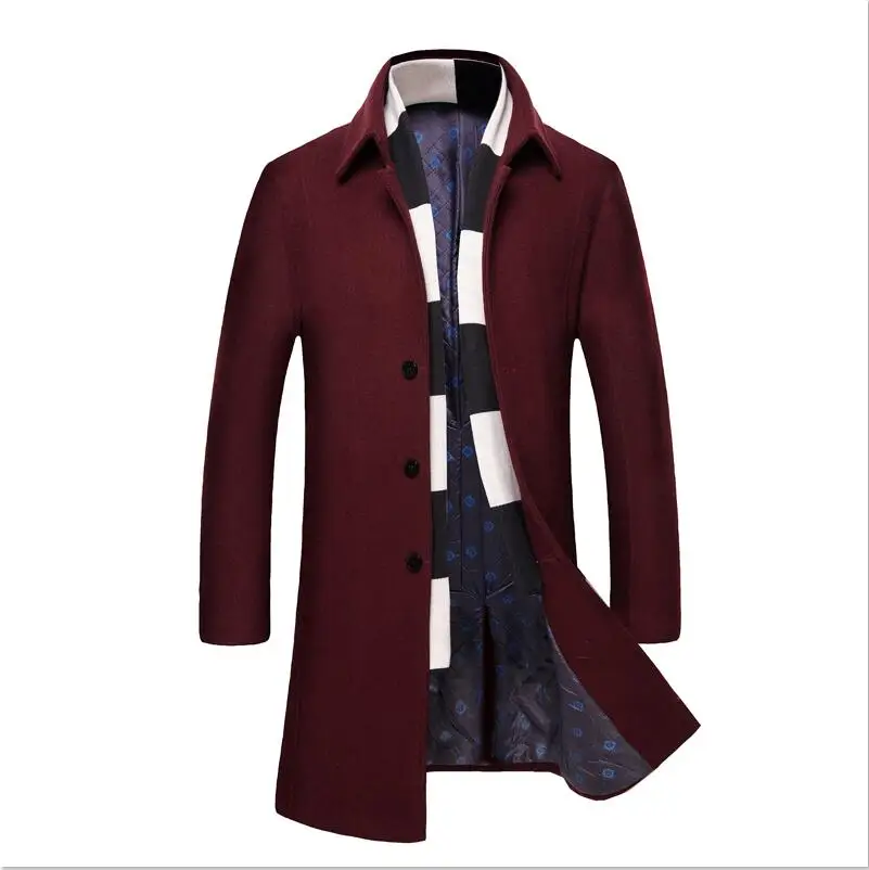 High Quality New Winter Jacket Men Wool Coat Fashion Men Overcoat Solid Men Winter Long Thick Stand Collar Casual Jackets - Цвет: Бургундия