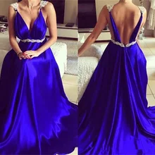 Vestidos de graduación azul real con cuello en V Vintage de 2019, una línea barata con apliques, faja para mujer, vestidos de noche, alfombra roja vestido