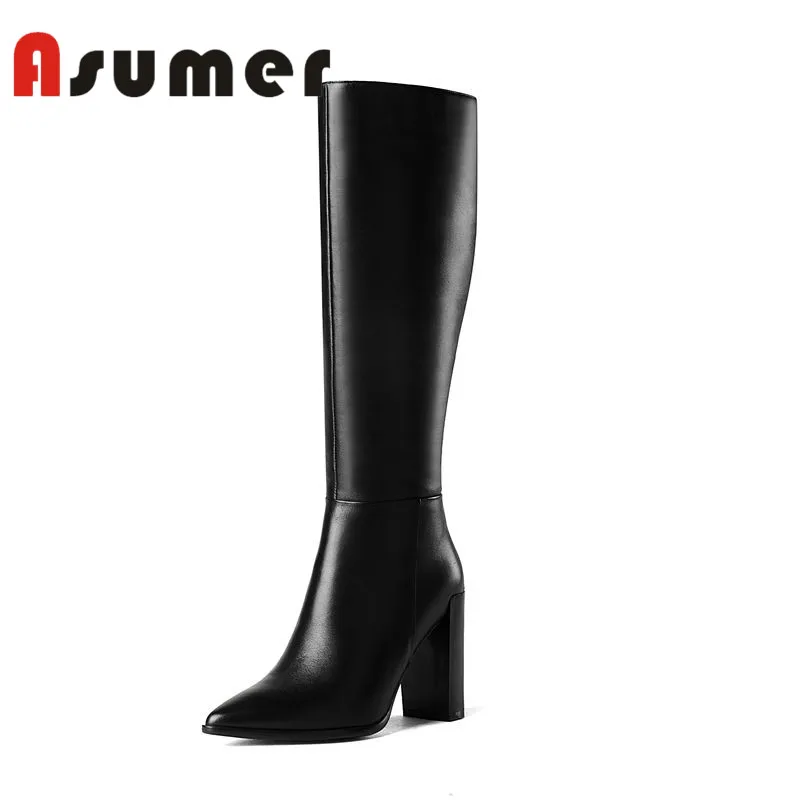 ASUMER NEW 2018 thick heels knee high boots pointed toe solid high heels boots winter women classic pu+genuine leather boots цена ASUMER NEW 2018 thick heels knee high boots pointed toe solid high heels boots winter women classic pu+genuine leather boots цены онлайн