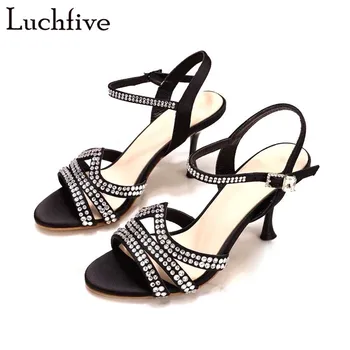 

Fashion Black Crystal Sandals Open Toe High Heels Shoes Woman Ankle Wrap Runaway Outwear Silver Ladies Shoes And Sandals