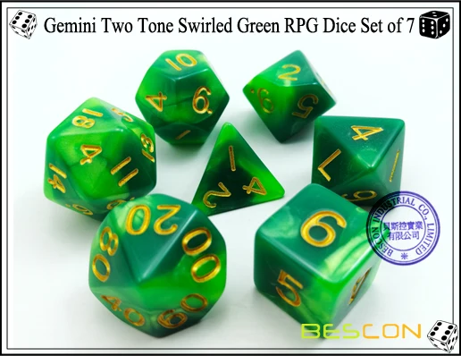 Gemini Two Tone Swirled Green RPG Dice Set of 7-2