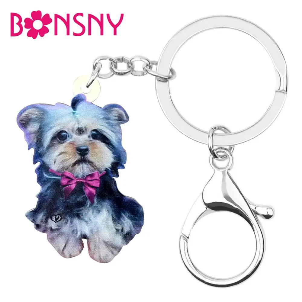 

Bonsny Acrylic Cute Purple Tie Yorkshire Terrier Dog KeyChain Key Ring Fashion Jewelry For Women Girls Charms Gift Decoration