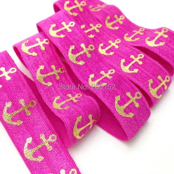 

New Arrived Anchor Foil Print Fold Over Elastic 5/8" FOE Ribbon for DIY Hair Band Headwear Hair Accessories 100Y/Lot Hot Pink