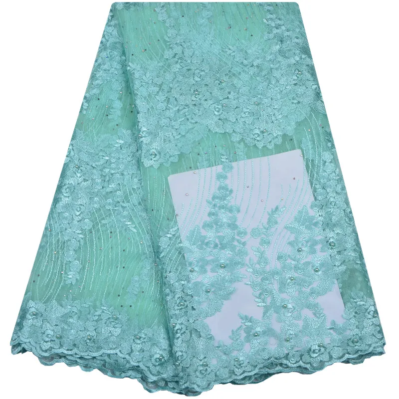 Teal Green Color Embroidery French Lace Fabric With Stones For Women