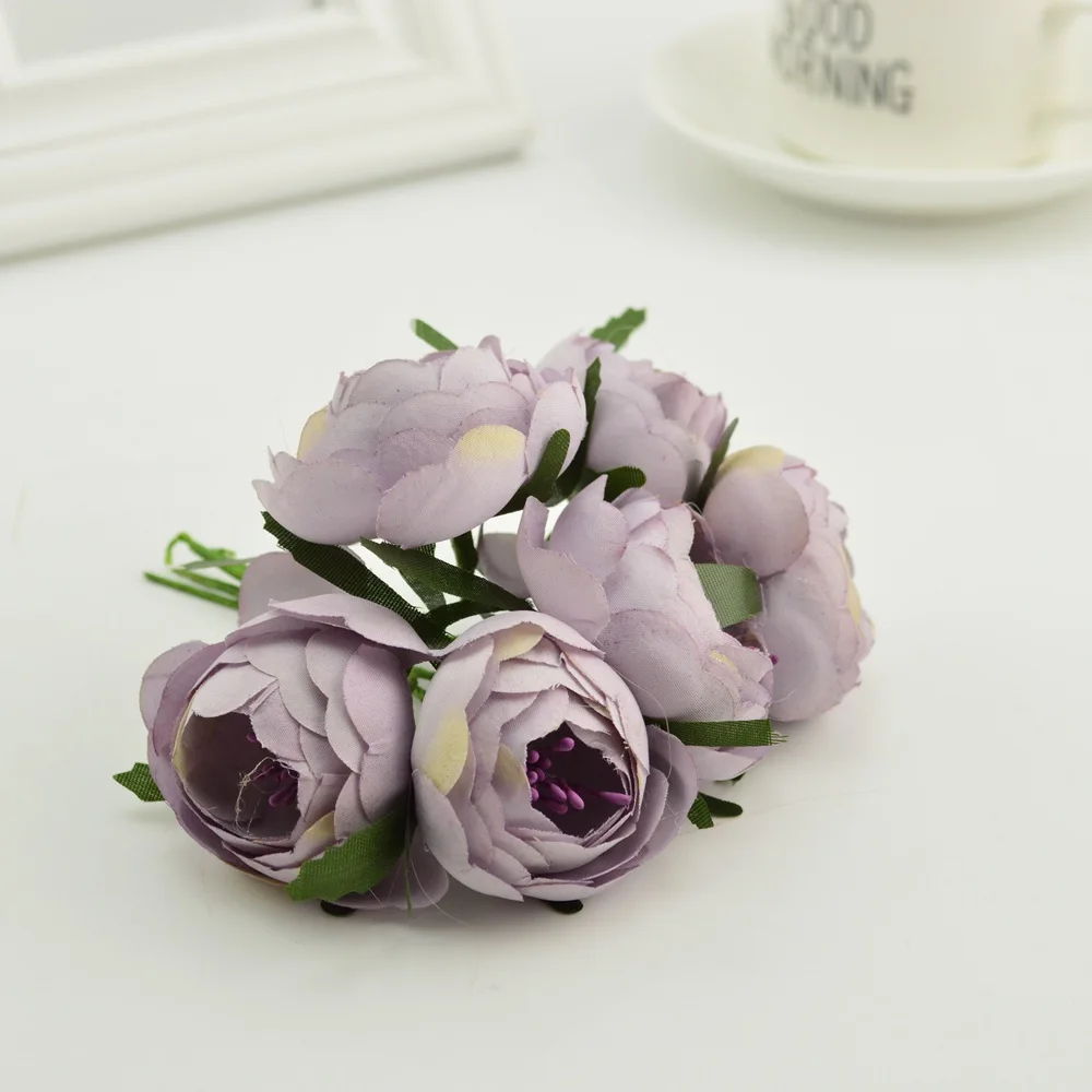 6 шт. Шелковый небольшой чайный бутон розы искусственный цветок букет тычинки для дома Свадебное Украшение diy ВЕНОК одежда шляпы аксессуары - Цвет: gray purple