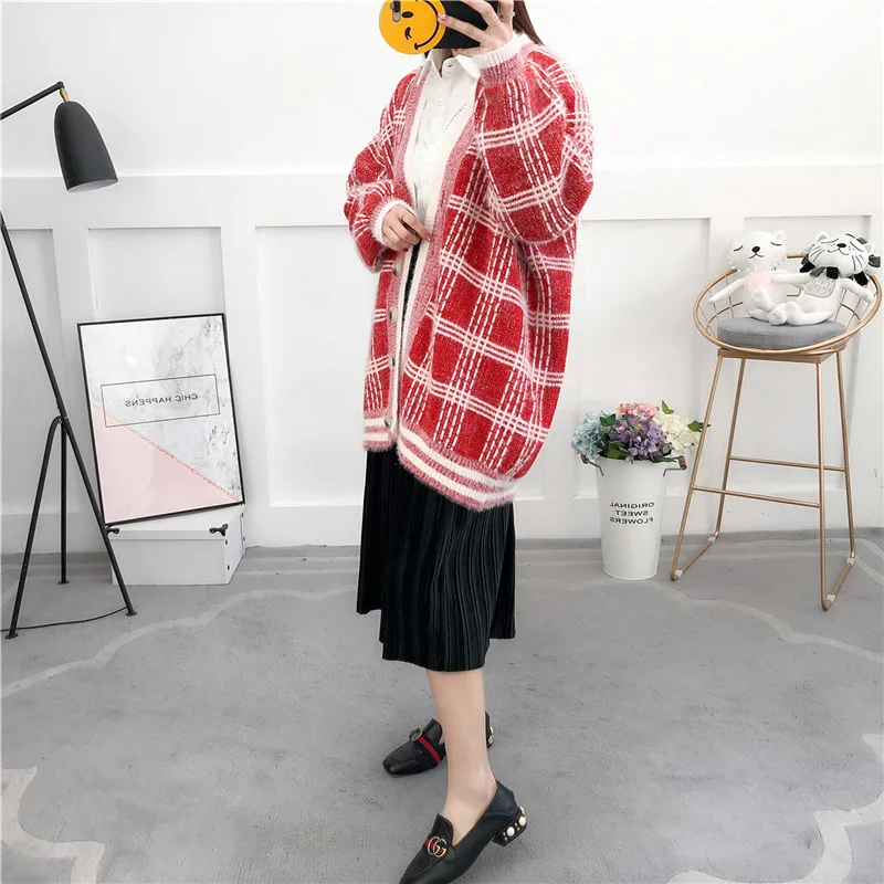 New Autumn Winter Women Sweater Casual Loose Knitted Outerwear Long sleeves Plaid Cardigan For Lady Office Casual V Neck