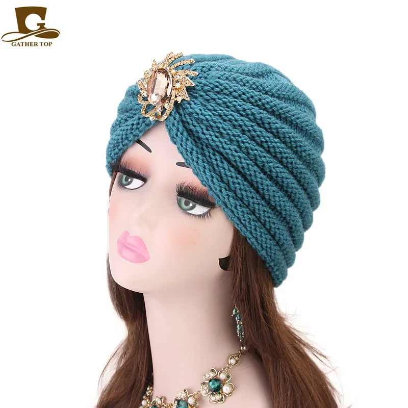 

women New knit turban with jewelry Rhinestone Pin brooch Winter indian style beanie Knitted Stylish Hats For Ladies Fashion