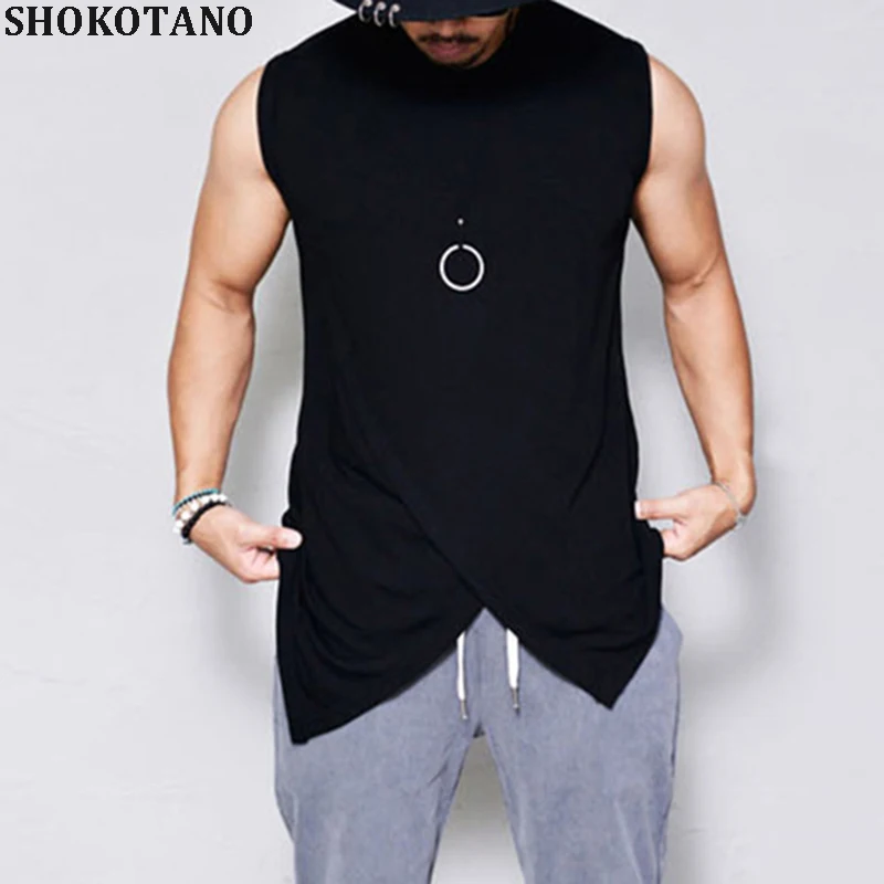 SHOKOTANO Новые хип-хоп мужские хип-хоп Брендовые с круглым вырезом фитнес повседневные топы без рукавов майка с асимметричным подолом черная цветная рубашка