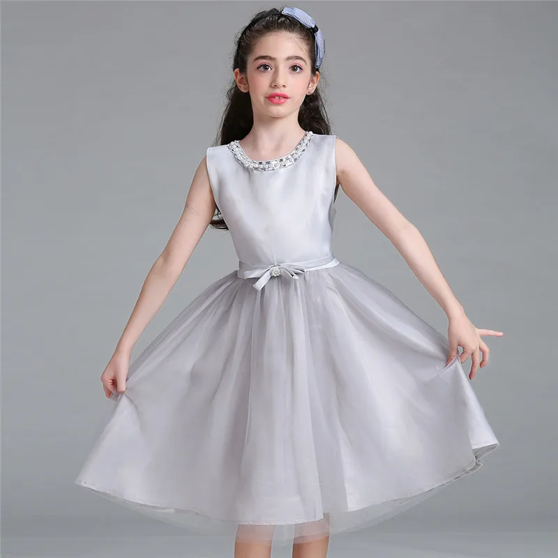 

Cute Girls Bow Dress New Summer Mesh Girls Clothes Gray Beading Princess Wedding Mesh Cinderella Dress Clothes12 Years