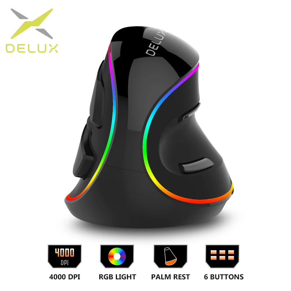 

10PCS DELUX M618 PLUS RGB Vertical Mouse Ergonomics Wired Mouse 4000 DPI Optical Computer Mice With Removable Palm Rest Laptop