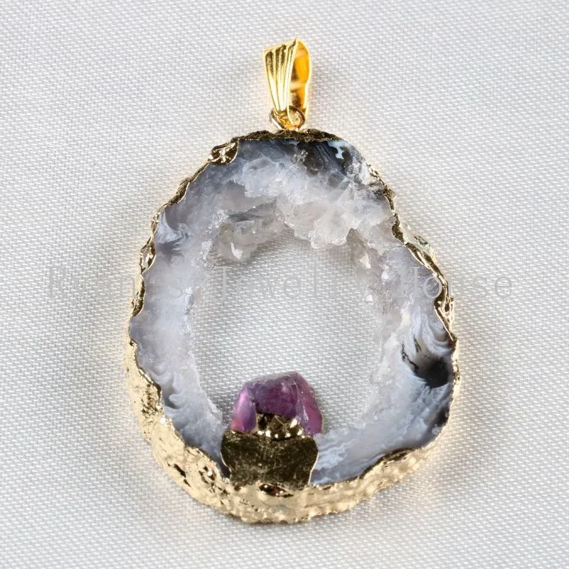 S050-6 Open Agate Druzy With Amethyst Pendants
