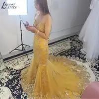 E1205 Gold Lace Appliques Mermaid Evening Dress 2019 robe de soiree Rhinestone Beads vestido de festa Custom Made