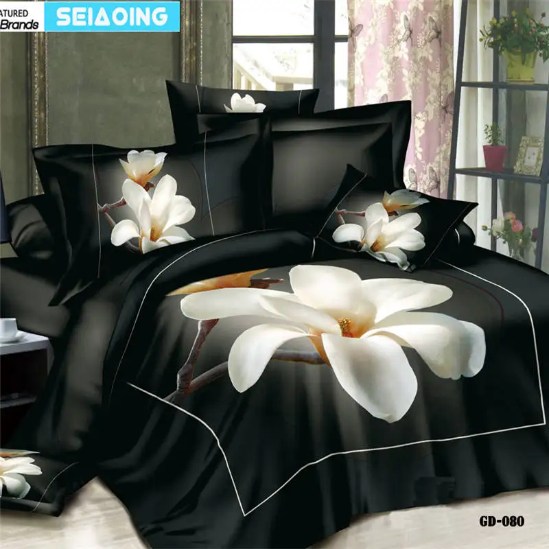 luxury black comforter cover white flower print bed linens 3d home