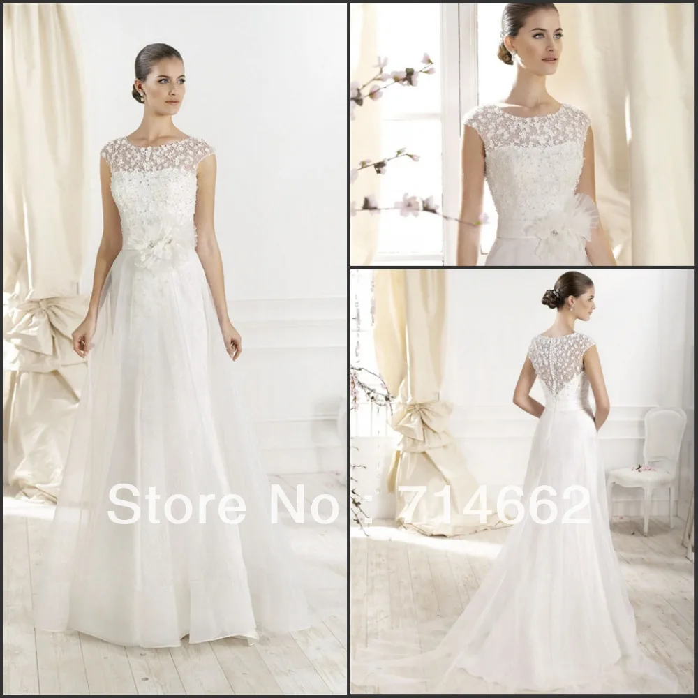 2014 New Arrival Sheer Neckline Pretty Flower Sash Organza Wedding Dress Garden Bride | Свадьбы и торжества