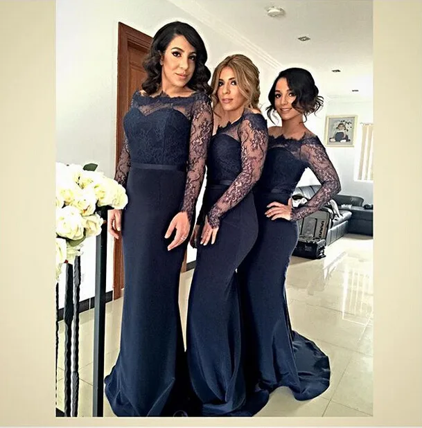 2016 Sheer Long Sleeve Mermaid Bridesmaid Dresses Navy Blue Satin 2016 Sheer Long Sleeve Mermaid Bridesmaid Dresses Navy Blue Satin Lace Junior Wedding Party Dress
