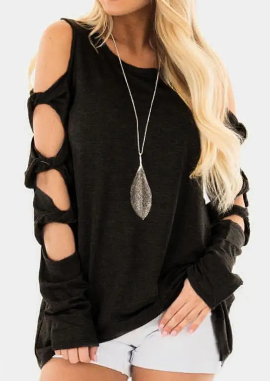

Womens Hollow Out Long Sleeve Casual Tops Blouse Solid Lady Blouse Shirt Blusas Strappy Cold Shoulder pullover Top streetwear