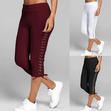 Women Sexy Bandage Pants Calf Length Leggings Lace-up Elastic High Waist Running Pants Gym Workout Trousers Sportswear
