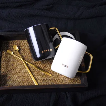 

400ml Nordic Simple Design Ceramic Coffee Mugs Gold Paintign Handle for Home Office Modern Style with Spoon