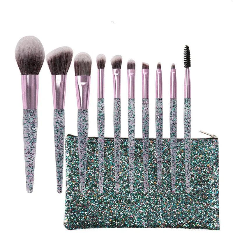 

10 Pieces Glitter Diamond Crystal Handle Makeup Brushes Set with Bag Powder Foundation Eyebrow Face Make Up Brush Cosmetic Tool