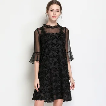 

2018Summer women beautiful sexy A-line dress beaded mesh dress stand collar elegant party dress plus size vestido de festa M-5XL