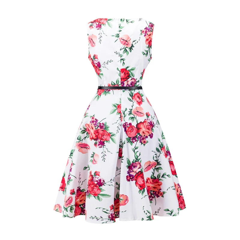 Kostlish 2017 New Summer Dress Women Floral Print Audrey Hepburn 50s 60s A-Line Vintage Dress Sleeveless Party Dresses Plus Size (117)