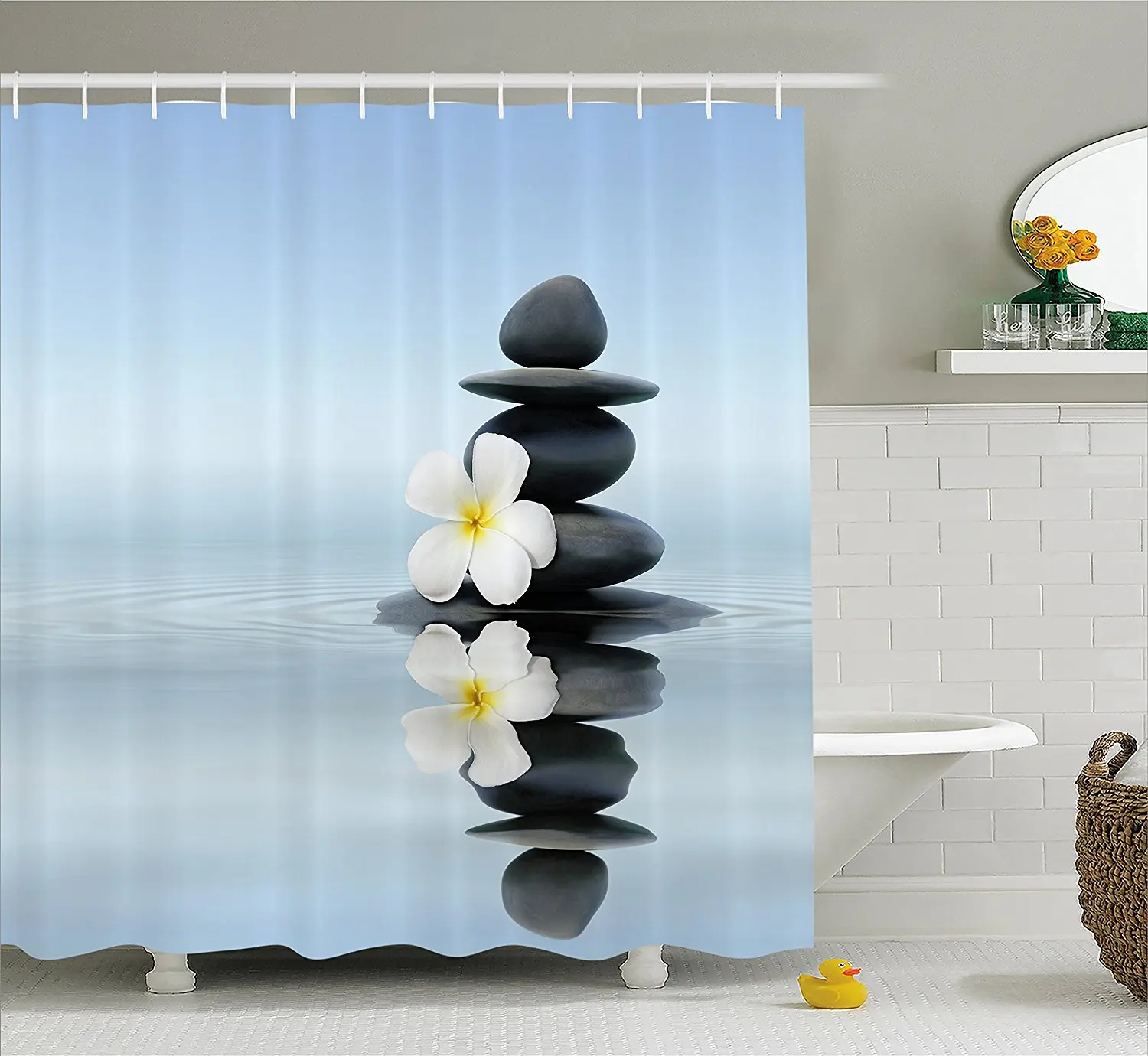 Spa Decor Shower Curtain Zen Massage Hot Stones with Asian Frangipani