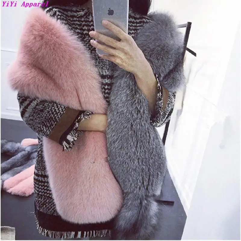Contrast color Faux Fox Fur Long Scarf 2015 Gray & Pink Patchwork Hairy